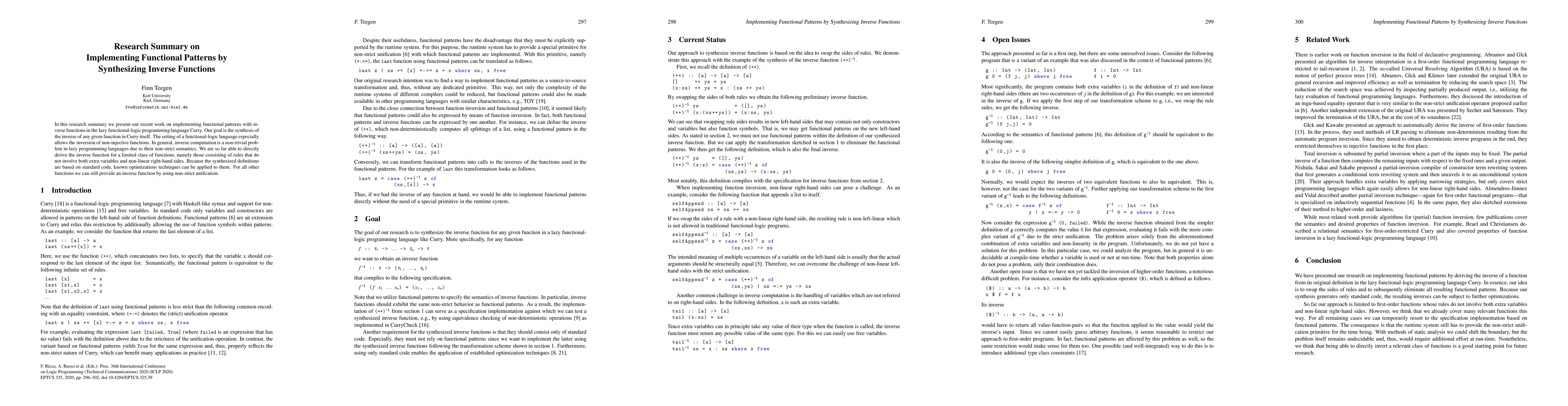 Thumbnail for Research Summary on Implementing Functional Patterns by Synthesizing
  Inverse Functions