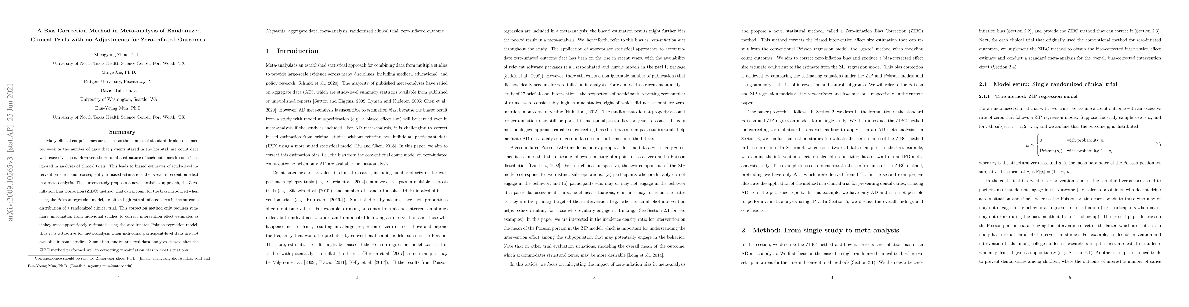 Thumbnail for A Bias Correction Method in Meta-analysis of Randomized Clinical Trials
  with no Adjustments for Zero-inflated Outcomes