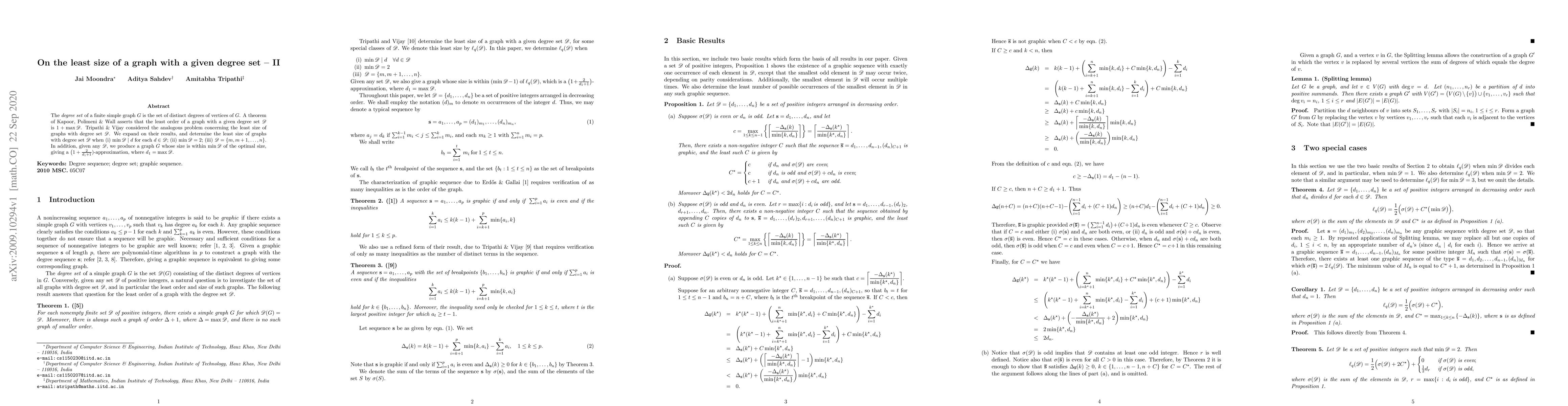 Thumbnail for On the least size of a graph with a given degree set -- II