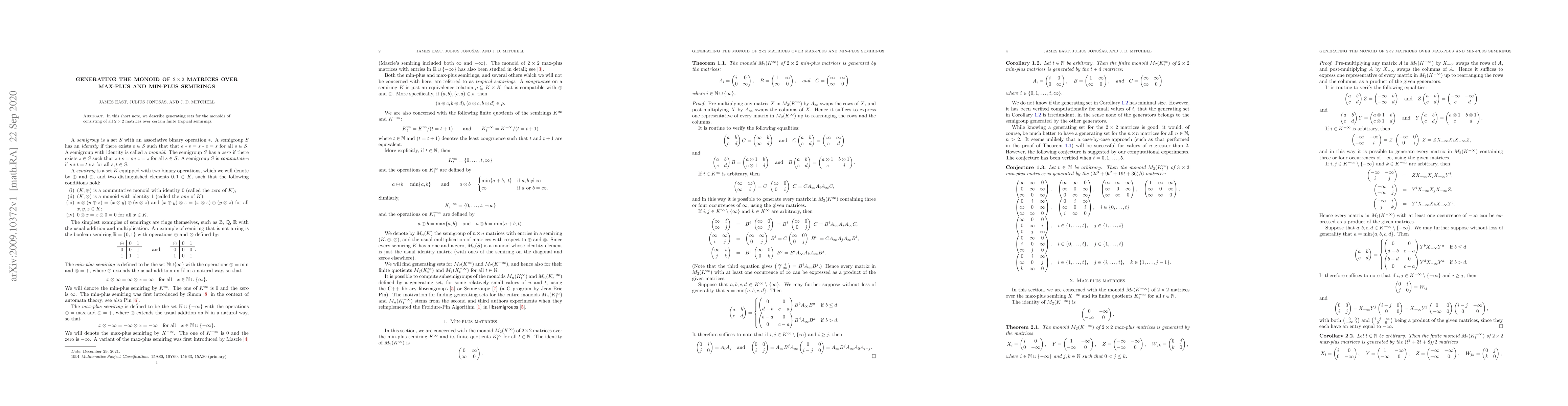 Thumbnail for Generating the monoid of $2 \times 2$ matrices over max-plus and
  min-plus semirings