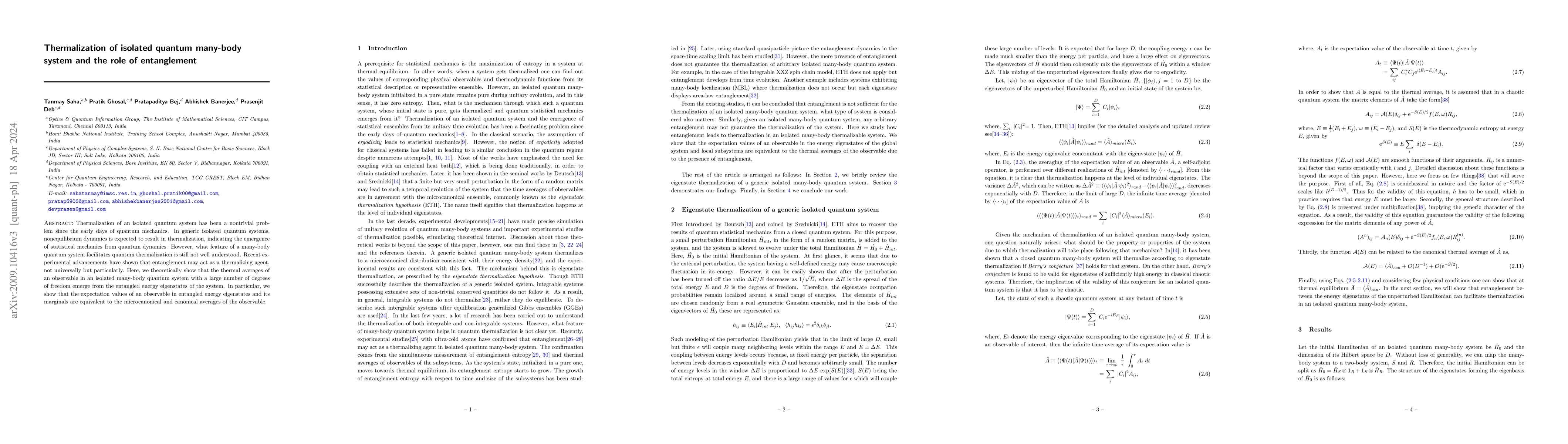 Thumbnail for Thermalization of isolated quantum many-body system and the role of
  entanglement