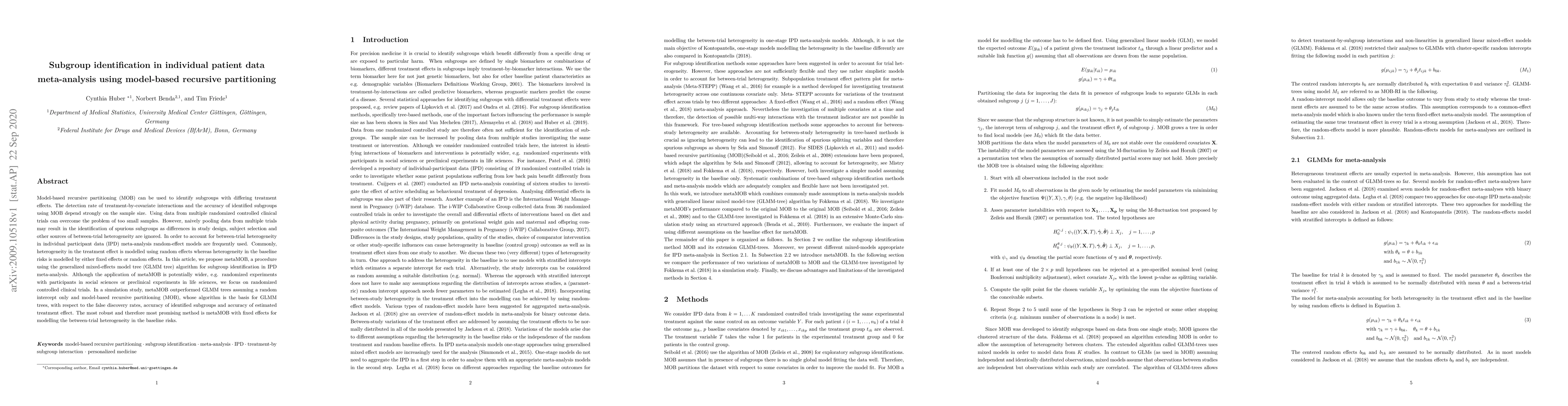 Thumbnail for Subgroup identification in individual patient data meta-analysis using
  model-based recursive partitioning
