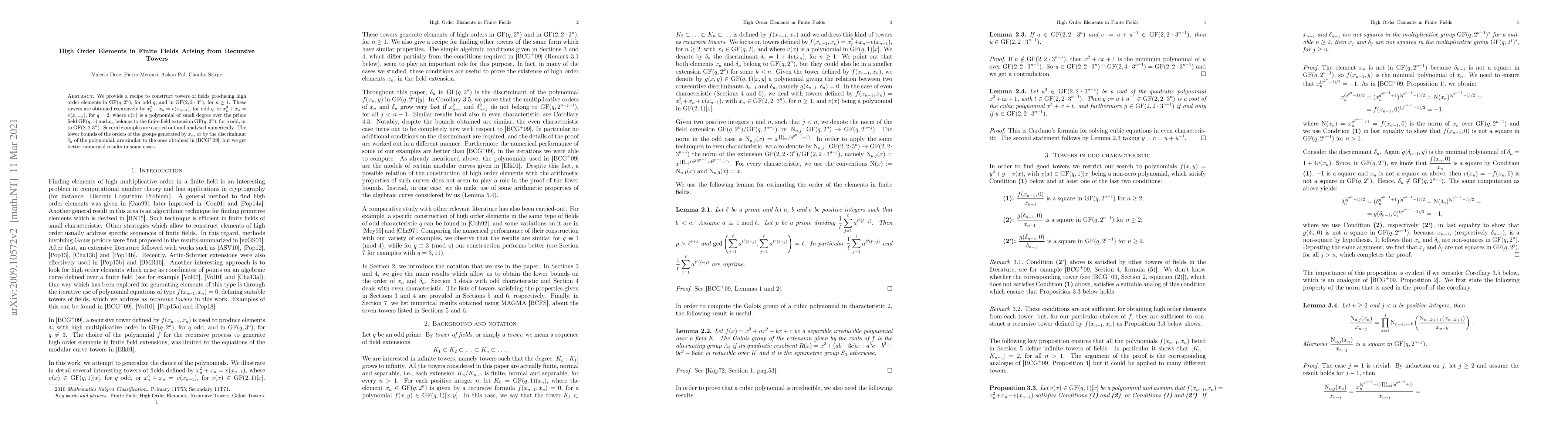 Thumbnail for High Order Elements in Finite Fields Arising from Recursive Towers