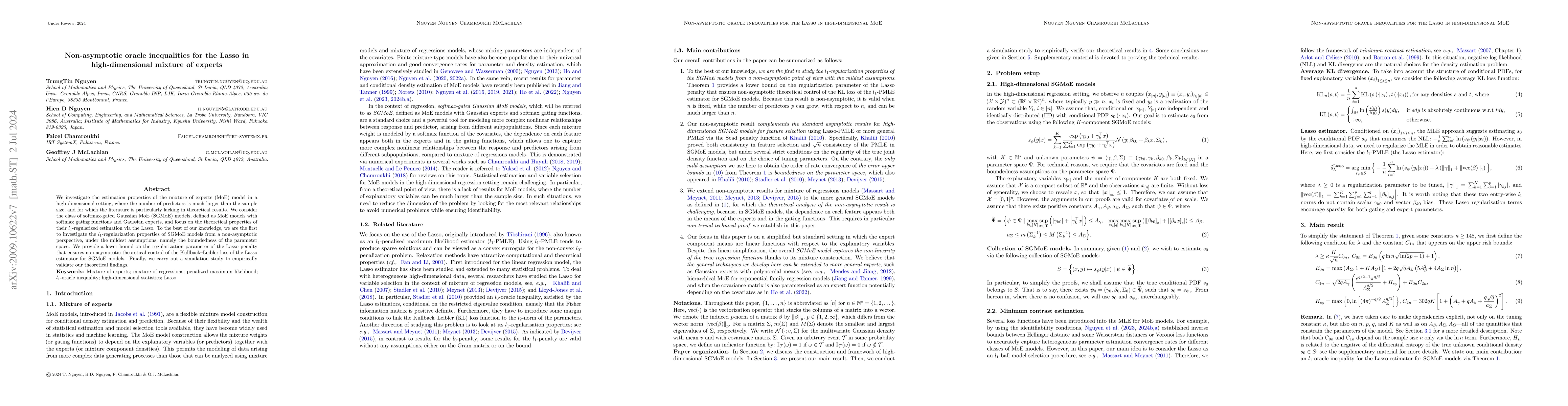 Thumbnail for Non-asymptotic oracle inequalities for the Lasso in high-dimensional
  mixture of experts