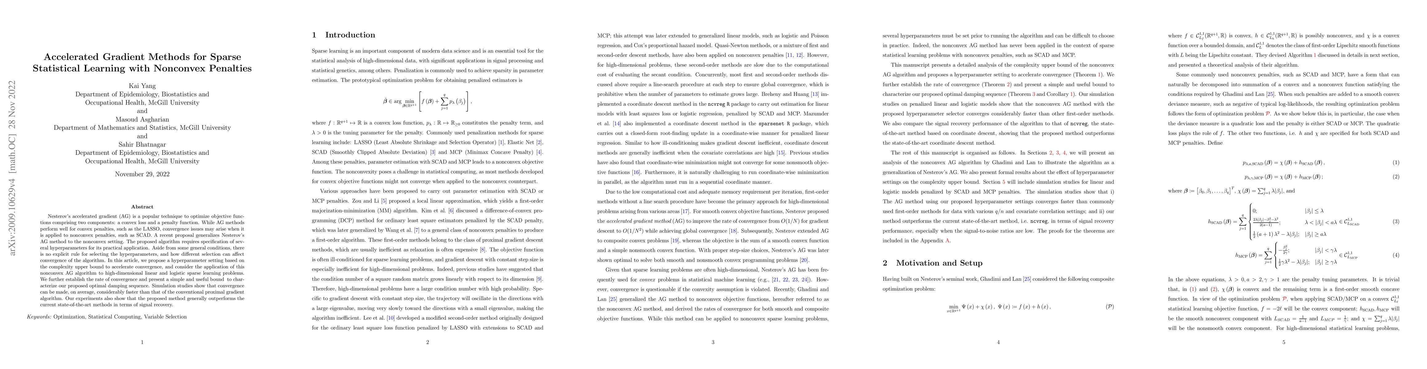 Thumbnail for Accelerated Gradient Methods for Sparse Statistical Learning with
  Nonconvex Penalties