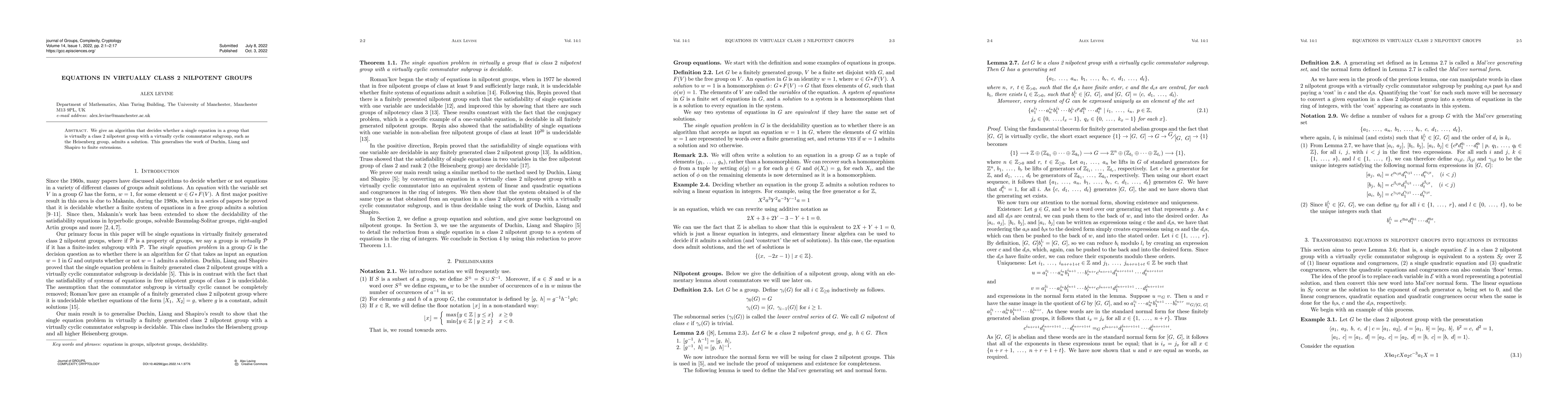 Thumbnail for Equations in virtually class 2 nilpotent groups