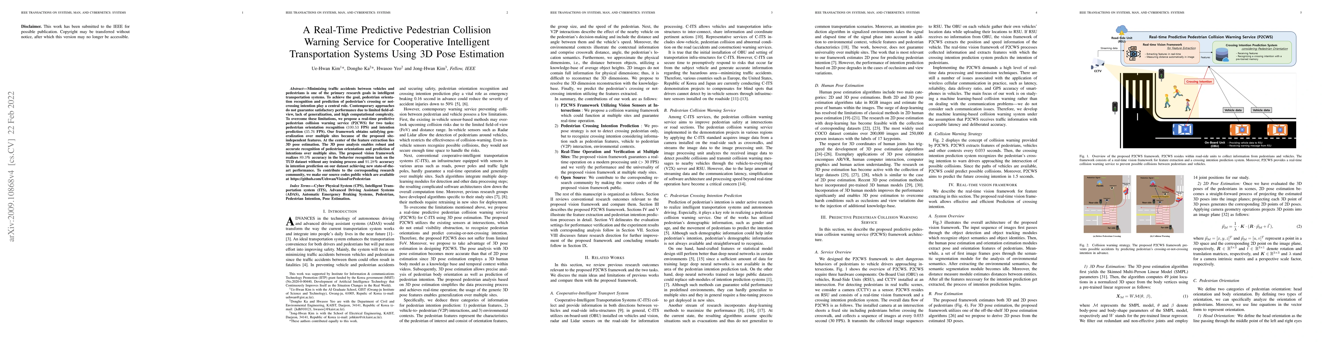 Thumbnail for A Real-Time Predictive Pedestrian Collision Warning Service for
  Cooperative Intelligent Transportation Systems Using 3D Pose Estimation