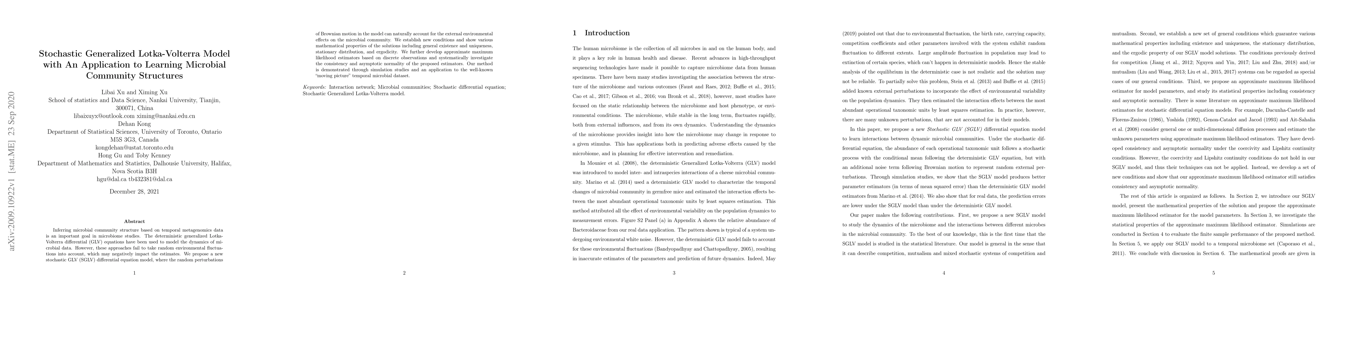 Thumbnail for Stochastic Generalized Lotka-Volterra Model with An Application to
  Learning Microbial Community Structures