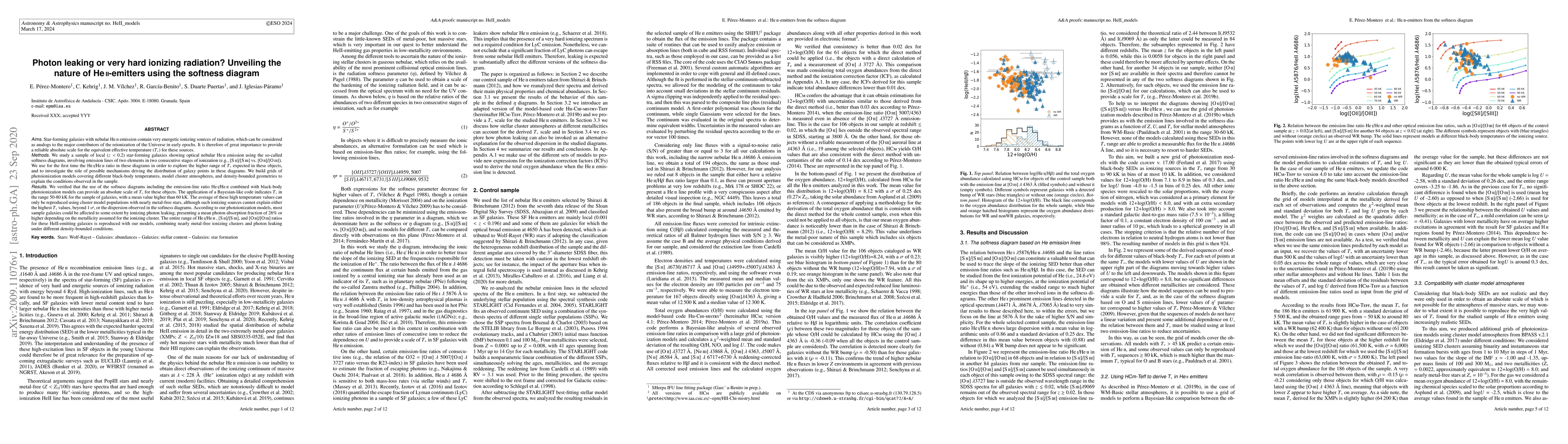 Thumbnail for Photon leaking or very hard ionizing radiation? Unveiling the nature of
  heII-emitters using the softness diagram