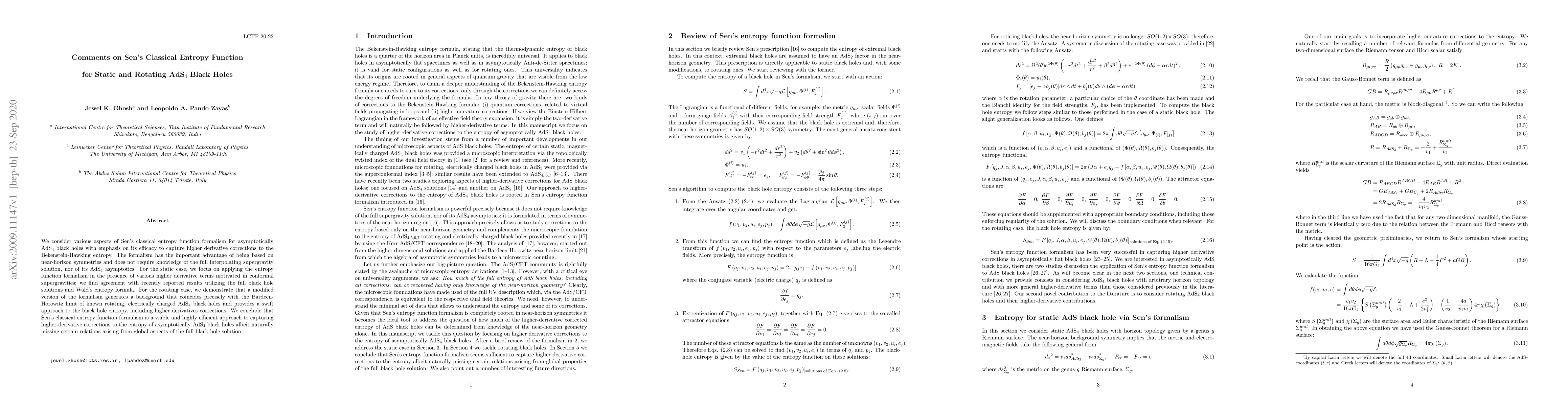 Thumbnail for Comments on Sen's Classical Entropy Function for Static and Rotating
  AdS$_4$ Black Holes