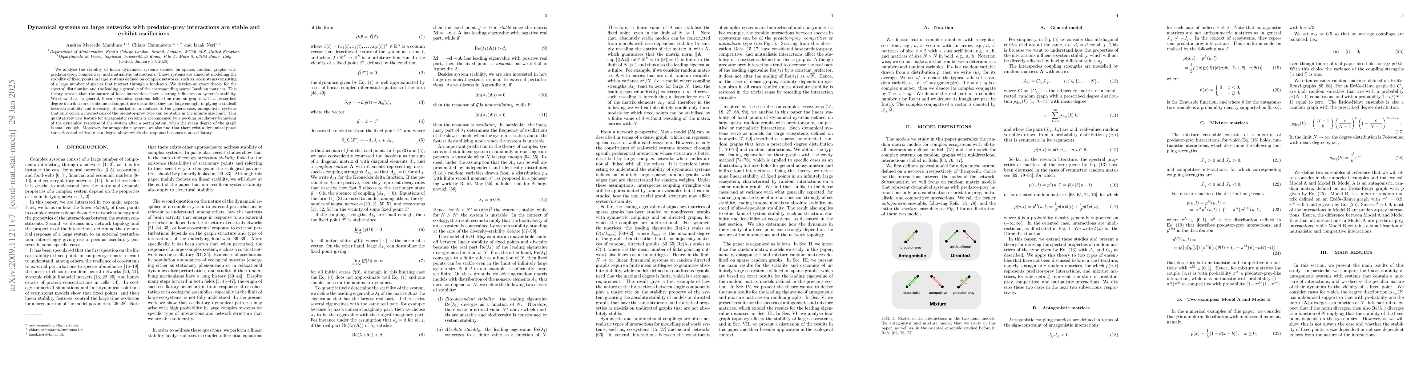 Thumbnail for Dynamical systems on large networks with predator-prey interactions are
  stable and exhibit oscillations