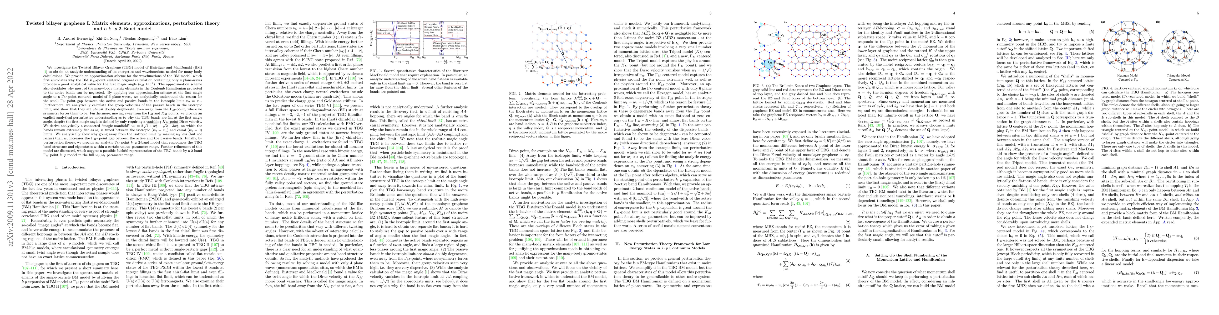 Thumbnail for Twisted bilayer graphene I. Matrix elements, approximations,
  perturbation theory and a $k\cdot p$ 2-Band model