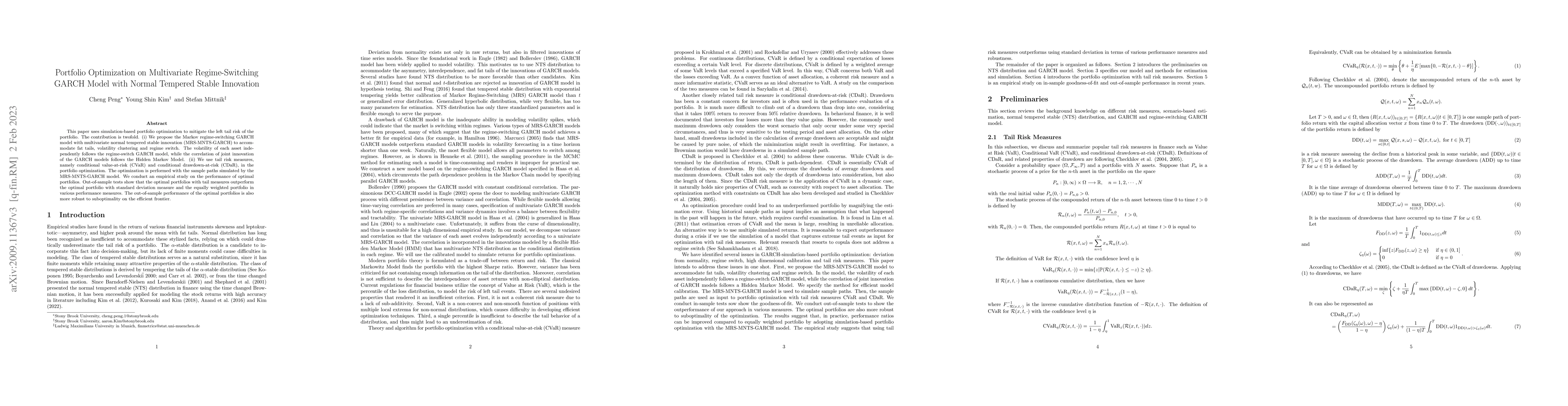 Thumbnail for Portfolio Optimization on Multivariate Regime Switching GARCH Model with
  Normal Tempered Stable Innovation