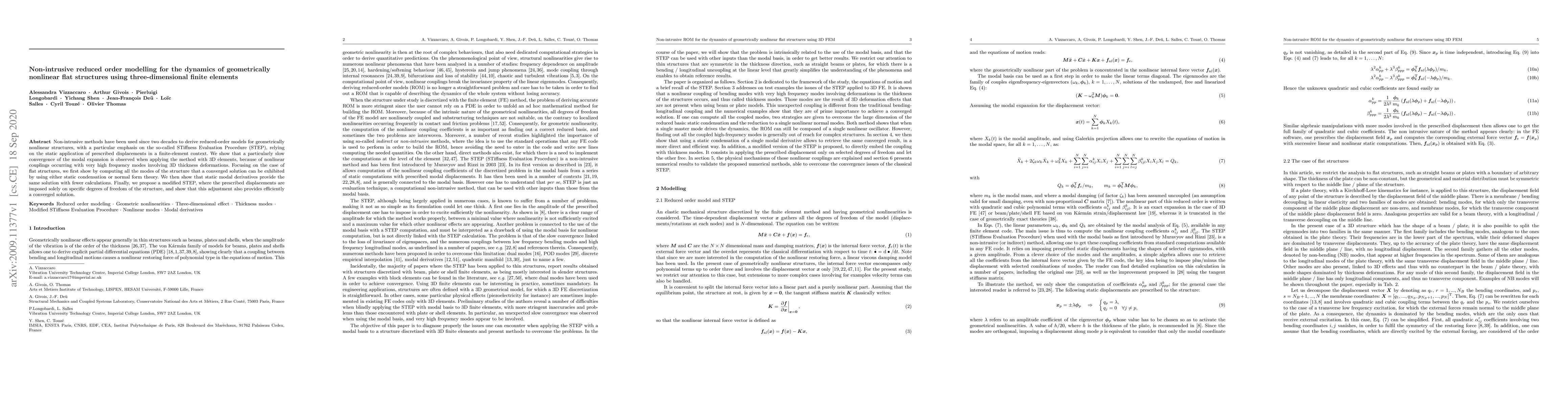 Thumbnail for Non-intrusive reduced order modelling for the dynamics of geometrically
  nonlinear flat structures using three-dimensional finite elements