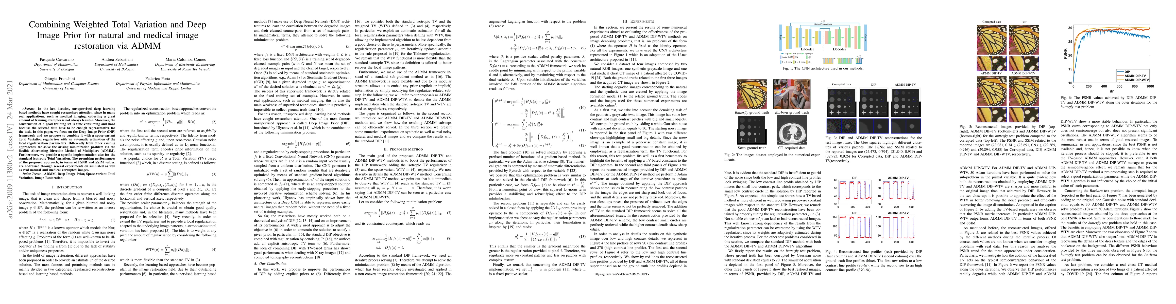 Thumbnail for Combining Weighted Total Variation and Deep Image Prior for natural and
  medical image restoration via ADMM
