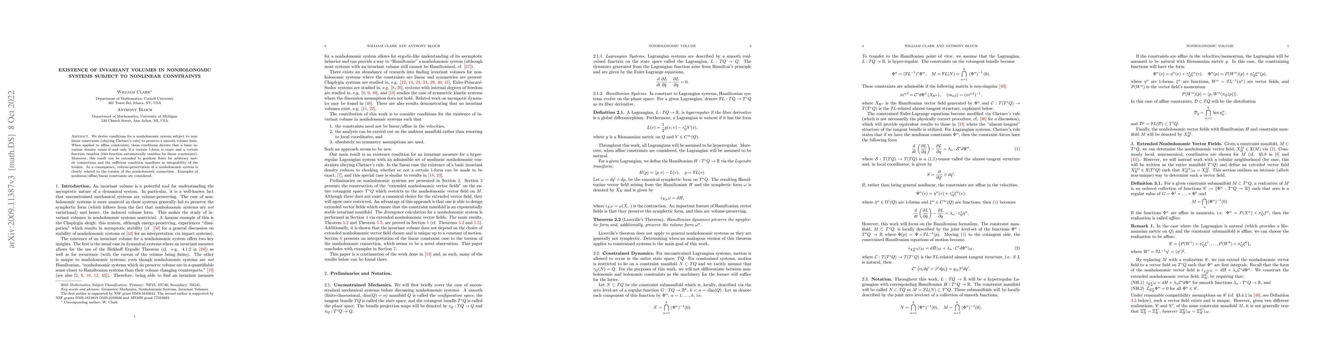 Thumbnail for Existence of invariant volumes in nonholonomic systems subject to
  nonlinear constraints