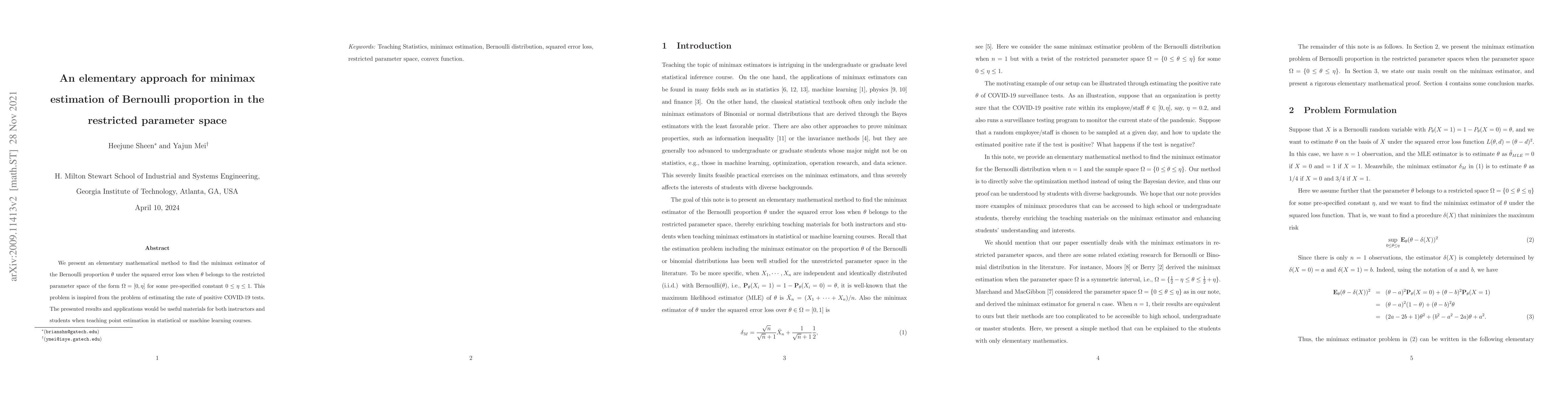 Thumbnail for An elementary approach for minimax estimation of Bernoulli proportion in
  the restricted parameter space