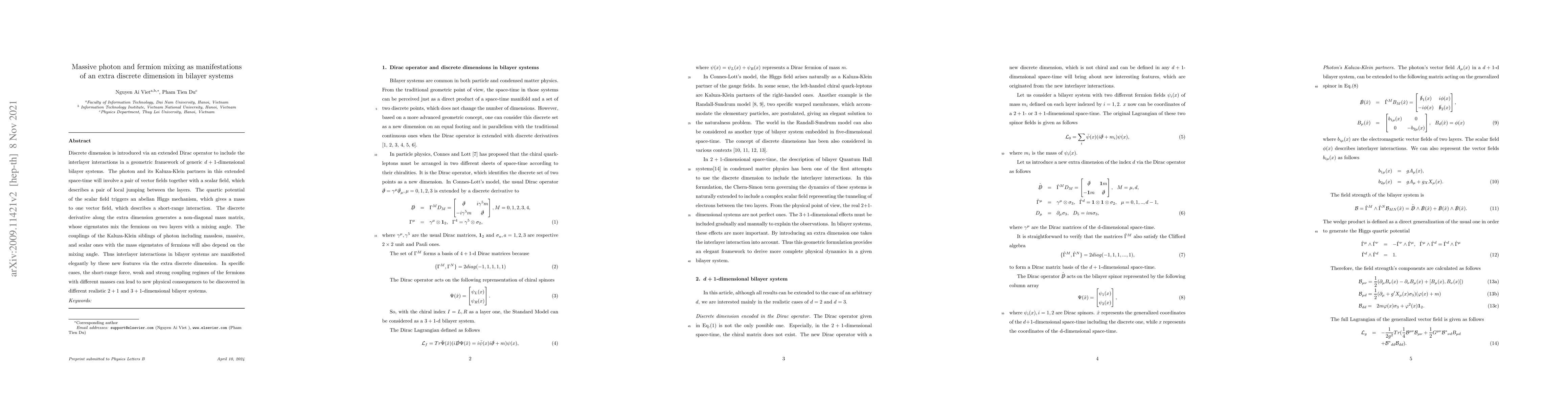 Thumbnail for Massive photon and fermion mixing as manifestations of an extra discrete
  dimension in bilayer systems