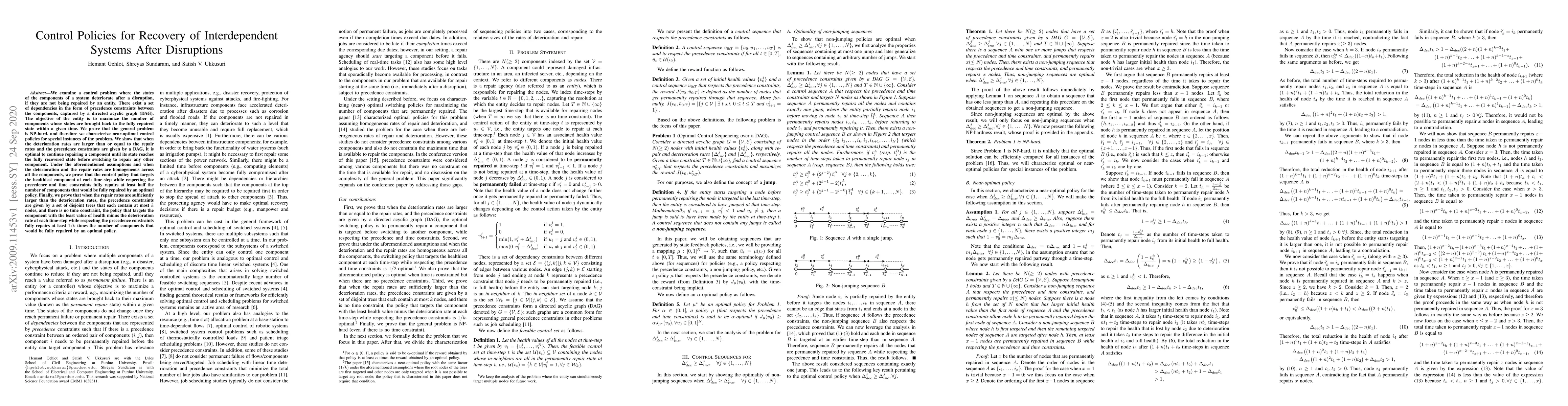 Thumbnail for Control Policies for Recovery of Interdependent Systems After
  Disruptions