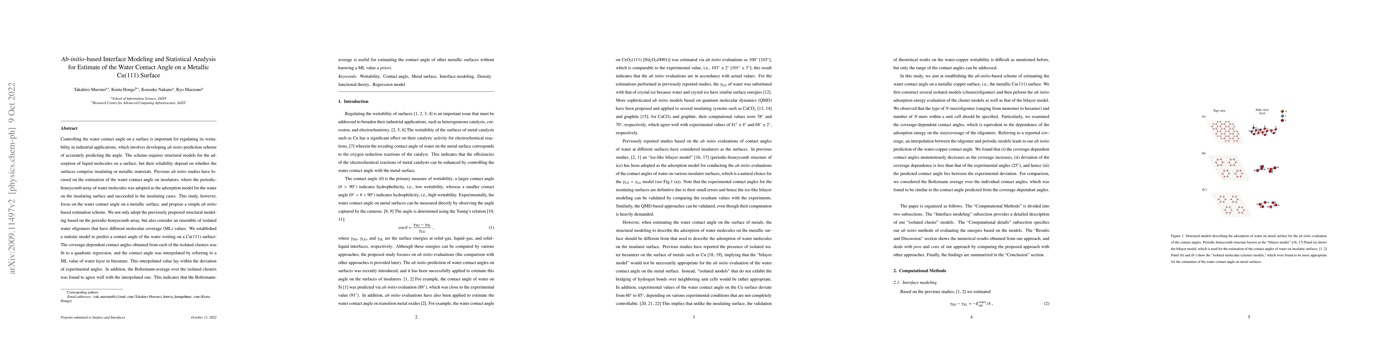 Thumbnail for Ab-initio-based Interface Modeling and Statistical Analysis for Estimate
  of the Water Contact Angle on a Metallic Cu(111) Surface