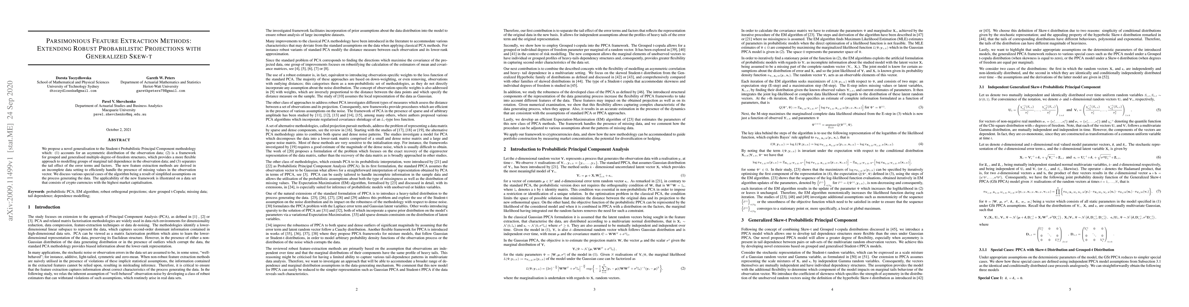 Thumbnail for Parsimonious Feature Extraction Methods: Extending Robust Probabilistic
  Projections with Generalized Skew-t