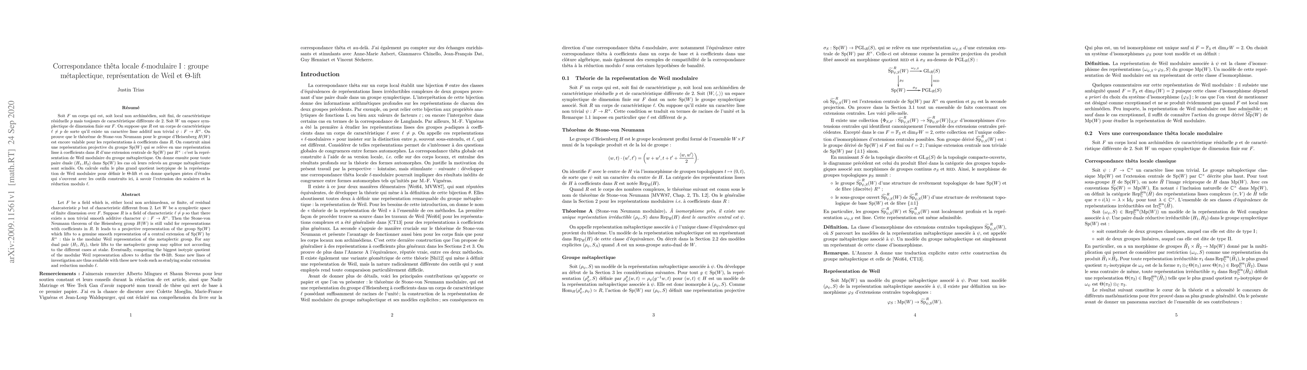 Thumbnail for Correspondance th\^eta locale $\ell$-modulaire I : groupe
  m\'etaplectique, repr\'esentation de Weil et $\Theta$-lift