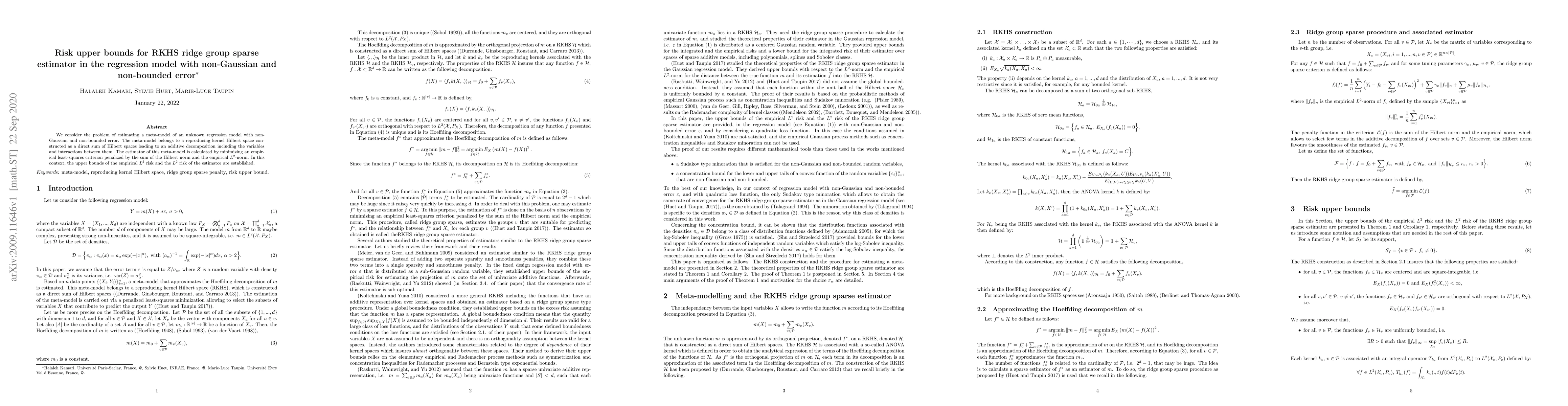 Thumbnail for Risk upper bounds for RKHS ridge group sparse estimator in the
  regression model with non-Gaussian and non-bounded error