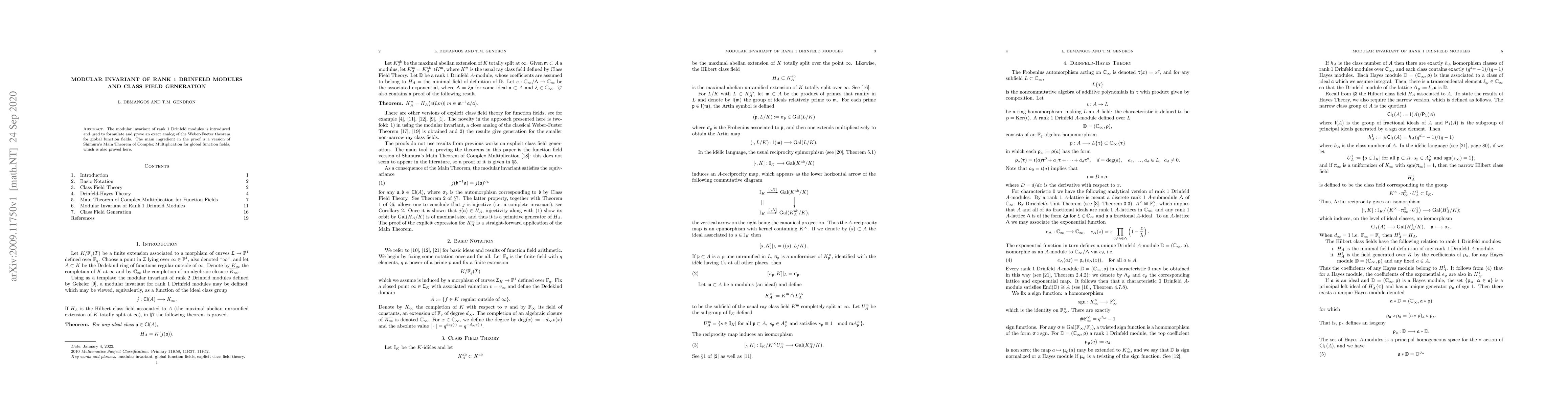 Thumbnail for Modular Invariant of Rank 1 Drinfeld Modules and Class Field Generation