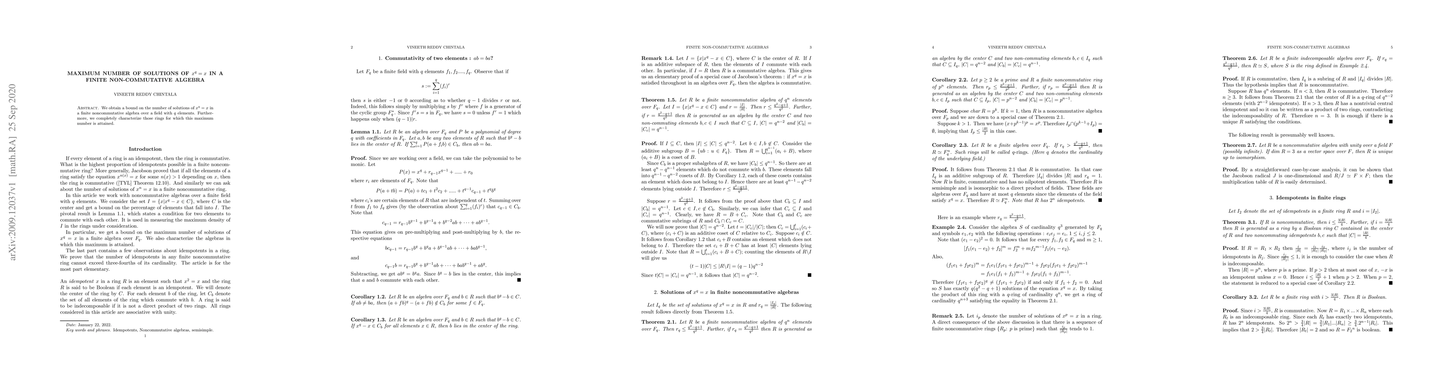 Thumbnail for Maximum number of solutions of $x^q = x$ in a finite noncommutative
  algebra