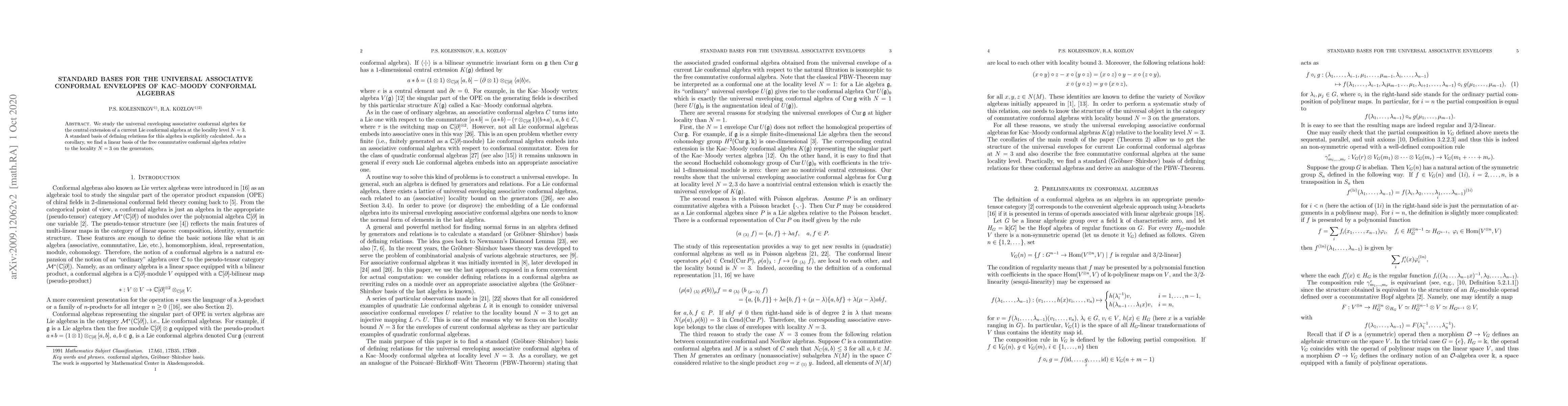 Thumbnail for Standard bases for the universal associative conformal envelopes of
  Kac--Moody conformal algebras