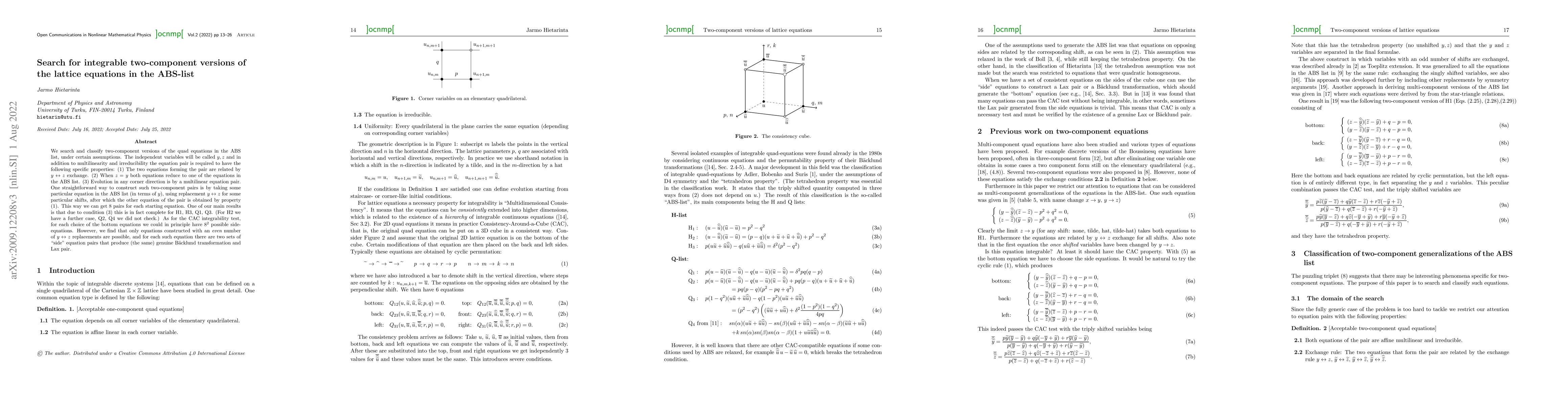 Thumbnail for Search for integrable two-component versions of the lattice equations in
  the ABS-list