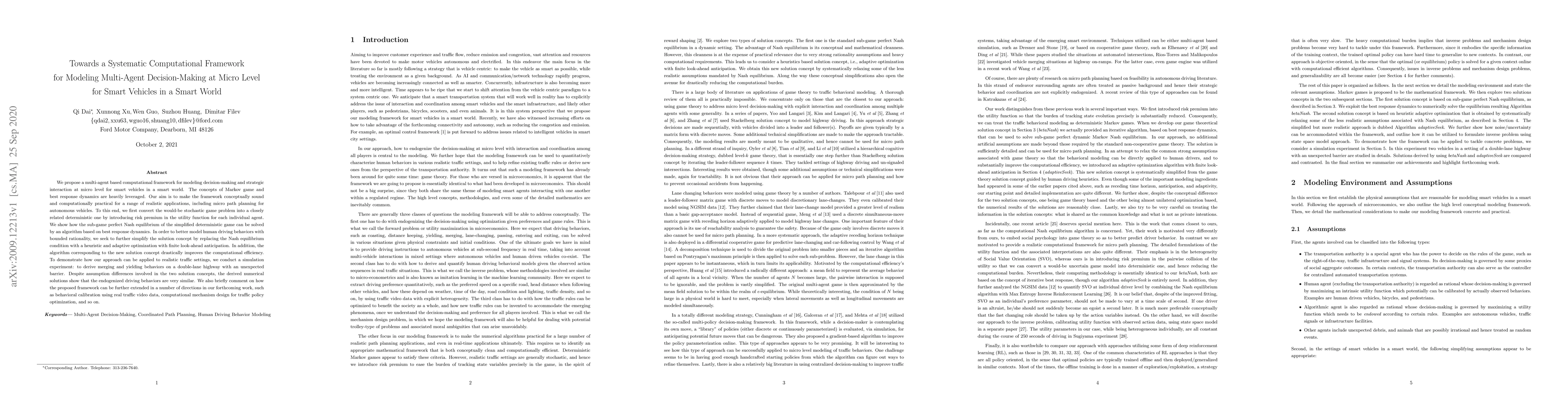 Thumbnail for Towards a Systematic Computational Framework for Modeling Multi-Agent
  Decision-Making at Micro Level for Smart Vehicles in a Smart World