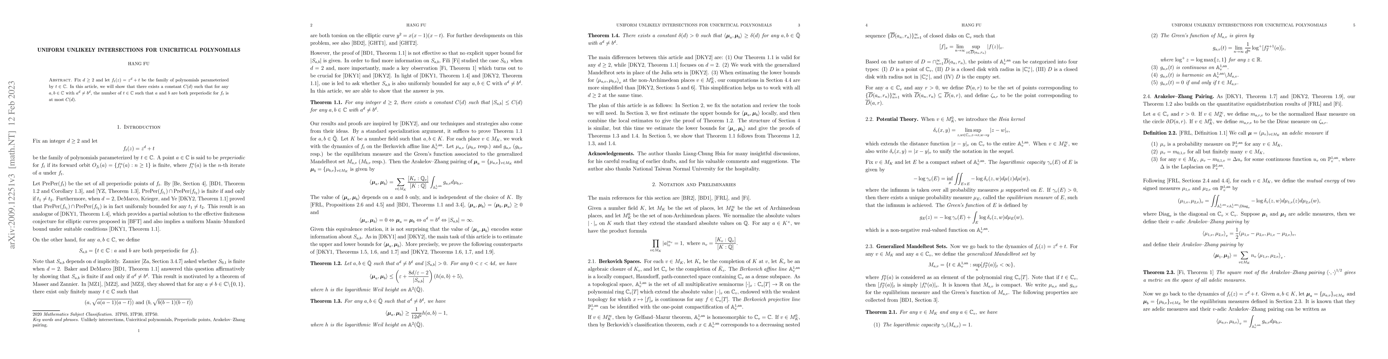 Thumbnail for Uniform unlikely intersections for unicritical polynomials