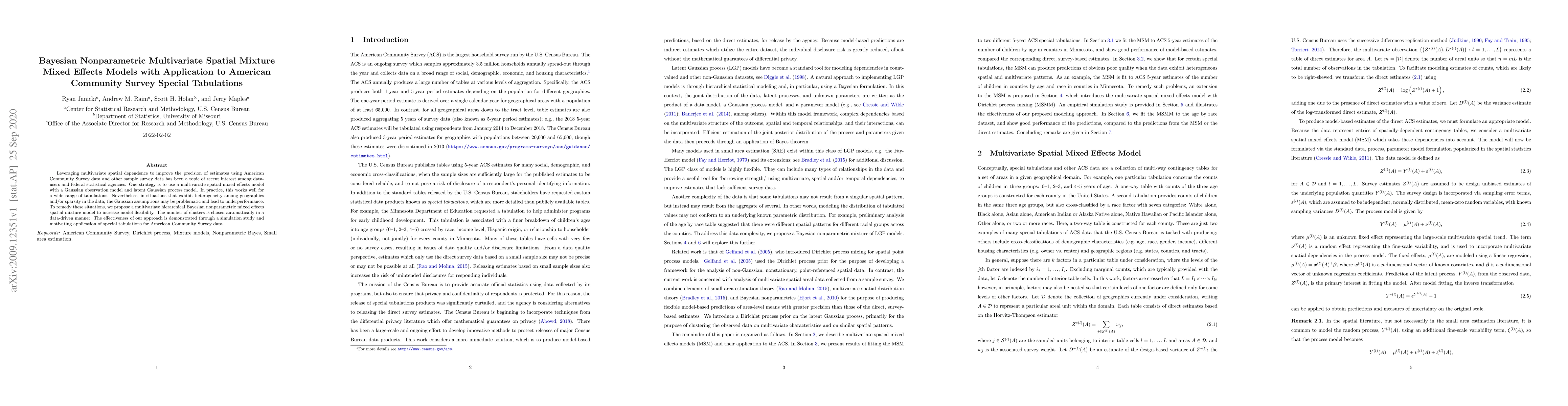 Thumbnail for Bayesian Nonparametric Multivariate Spatial Mixture Mixed Effects Models
  with Application to American Community Survey Special Tabulations