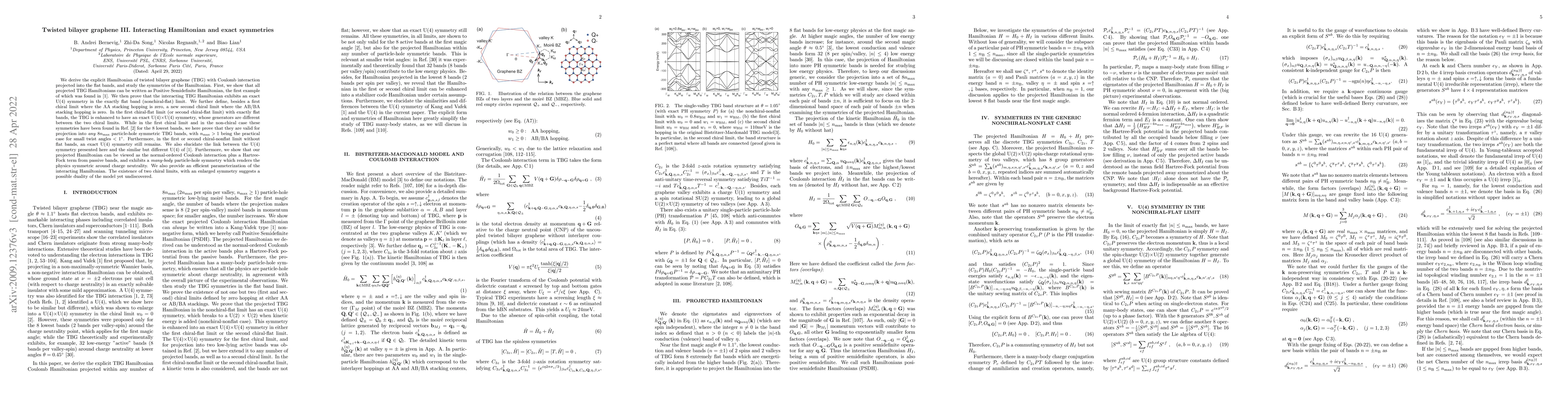 Thumbnail for Twisted bilayer graphene III. Interacting Hamiltonian and exact
  symmetries