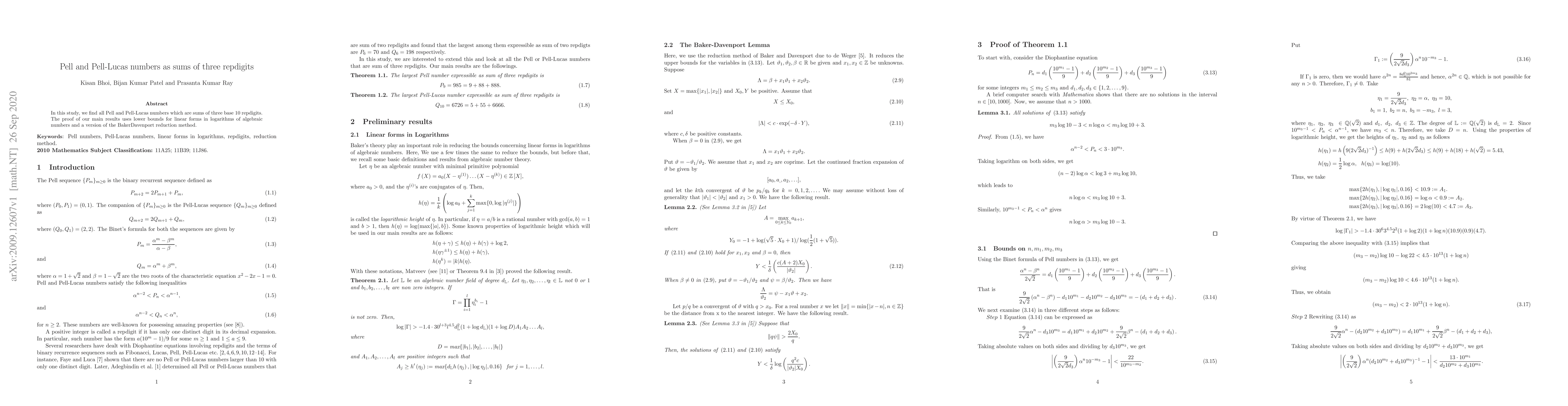 Thumbnail for Pell and Pell-Lucas numbers as sums of three repdigits