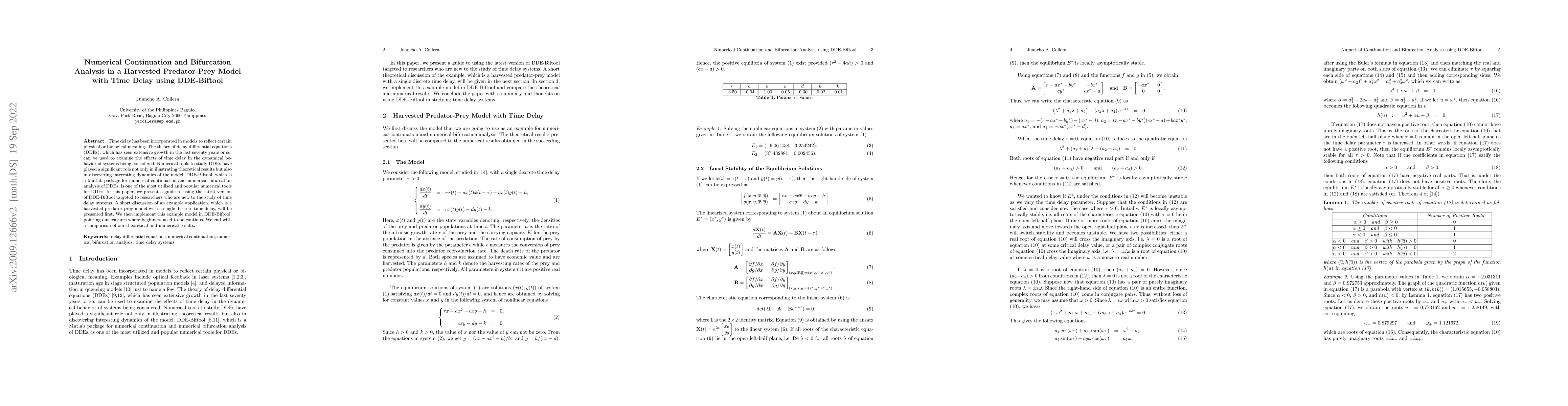 Thumbnail for Numerical Continuation and Bifurcation Analysis in a Harvested
  Predator-Prey Model with Time Delay using DDE-Biftool