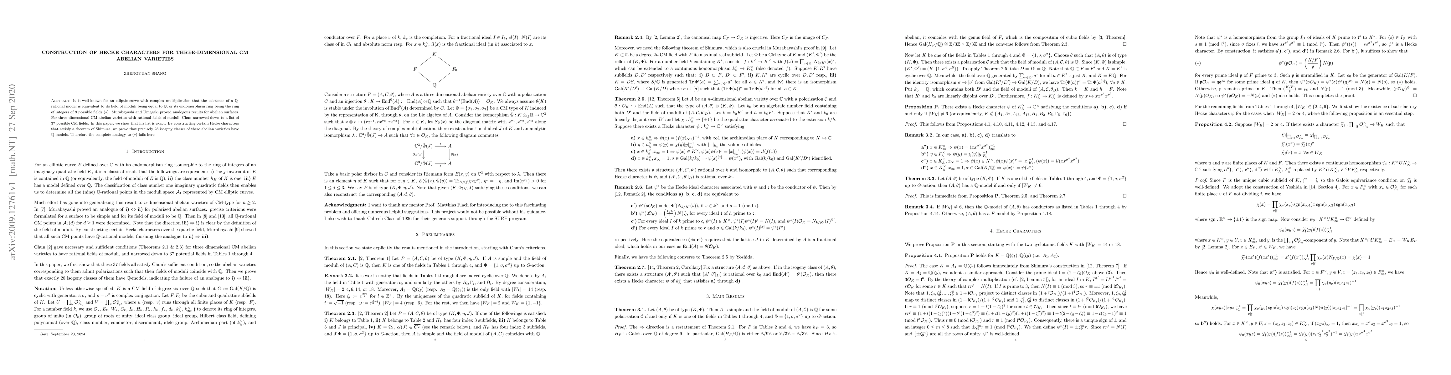 Thumbnail for Construction of Hecke Characters for Three-dimensional CM Abelian
  Varieties