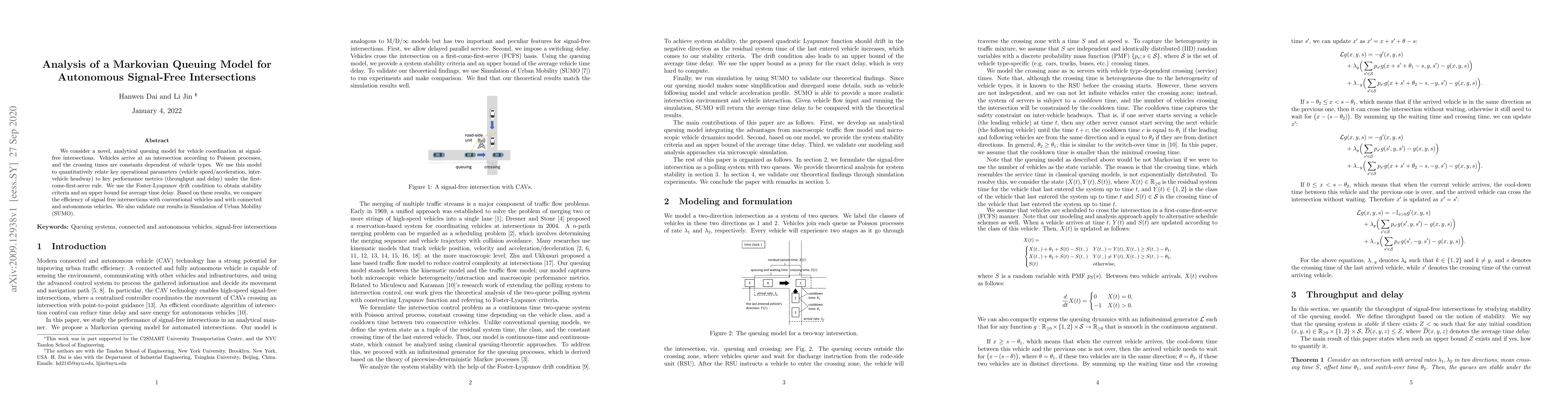 Thumbnail for Analysis of a Markovian Queuing Model for Autonomous Signal-Free
  Intersection