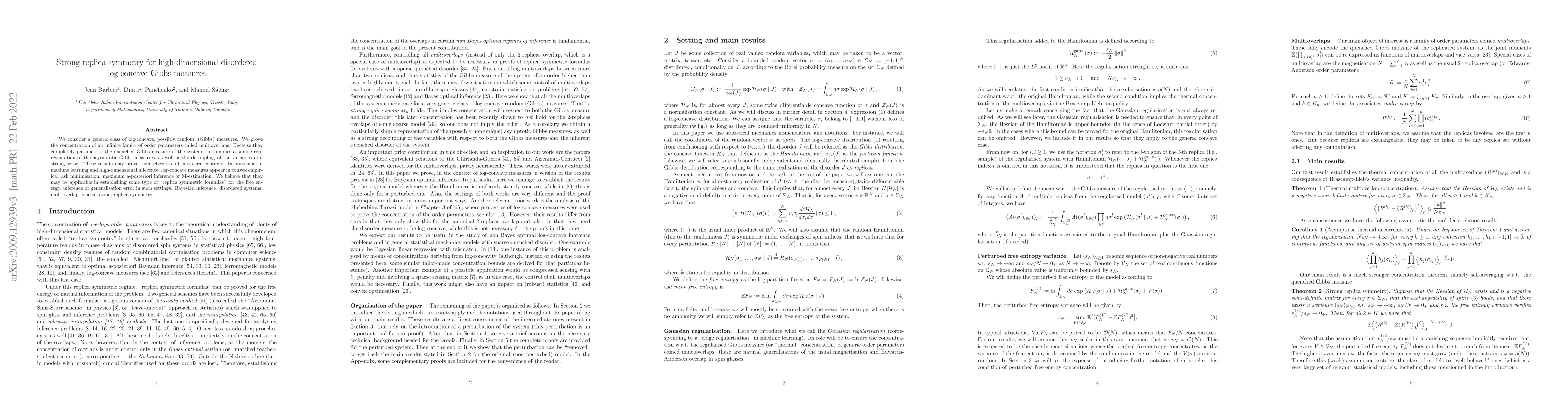 Thumbnail for Strong replica symmetry for high-dimensional disordered log-concave
  Gibbs measures