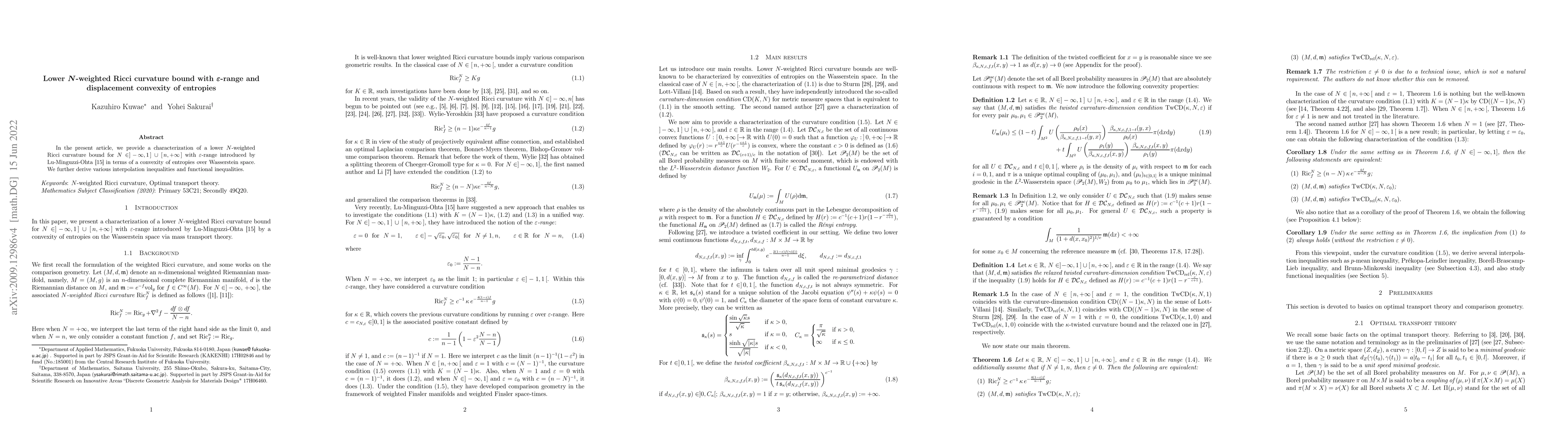 Thumbnail for Lower $N$-weighted Ricci curvature bound with $\varepsilon$-range and
  displacement convexity of entropies