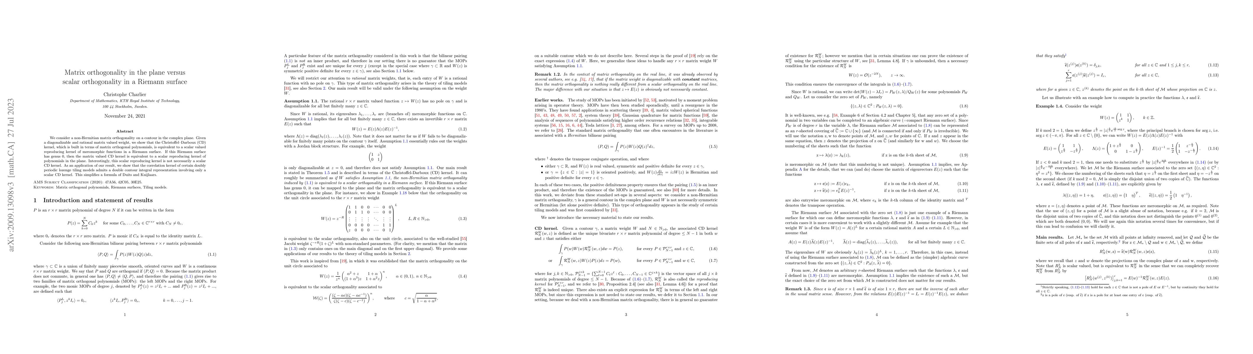 Thumbnail for Matrix orthogonality in the plane versus scalar orthogonality in a
  Riemann surface