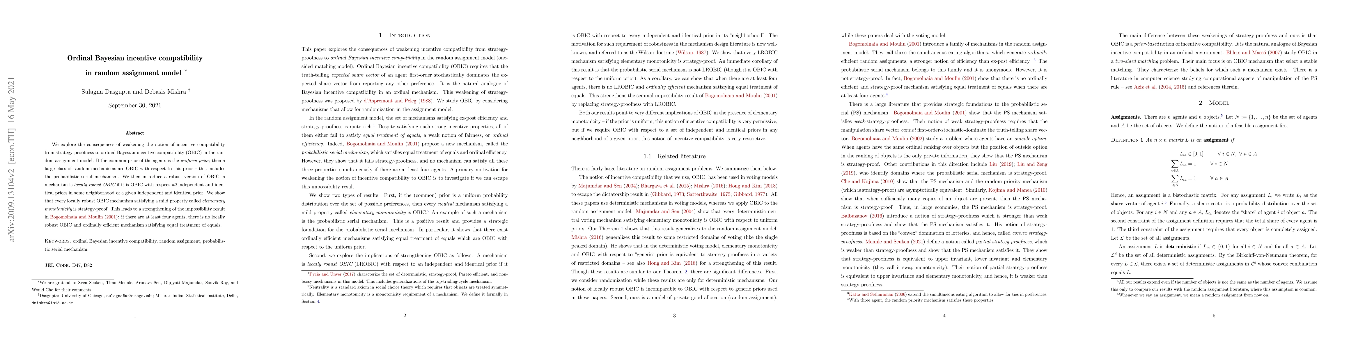 Thumbnail for Ordinal Bayesian incentive compatibility in random assignment model