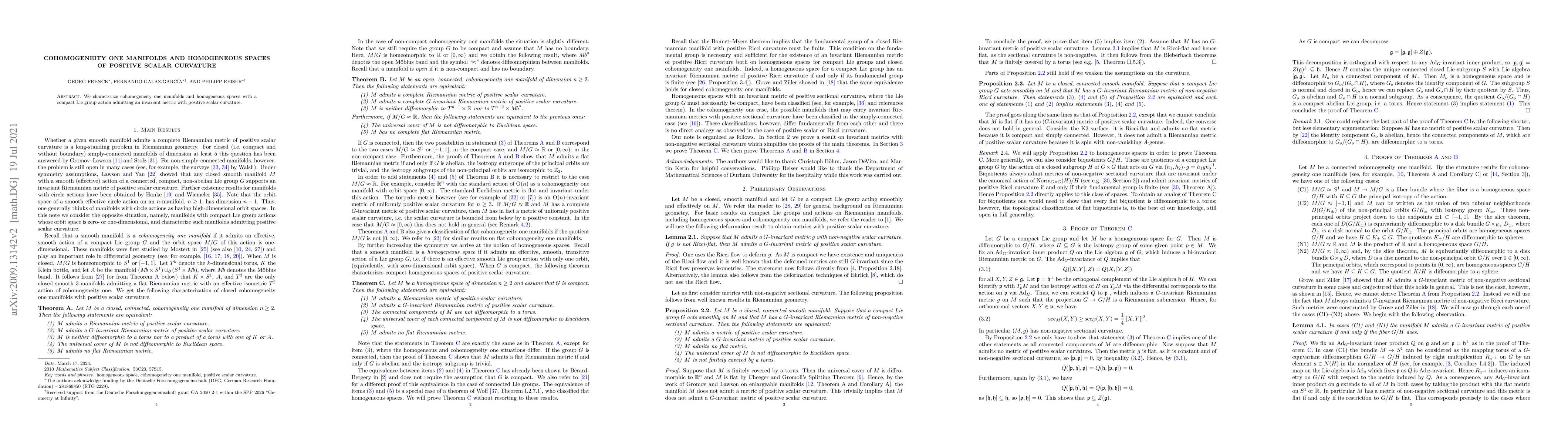 Thumbnail for Cohomogeneity One Manifolds and Homogeneous Spaces of Positive Scalar
  Curvature