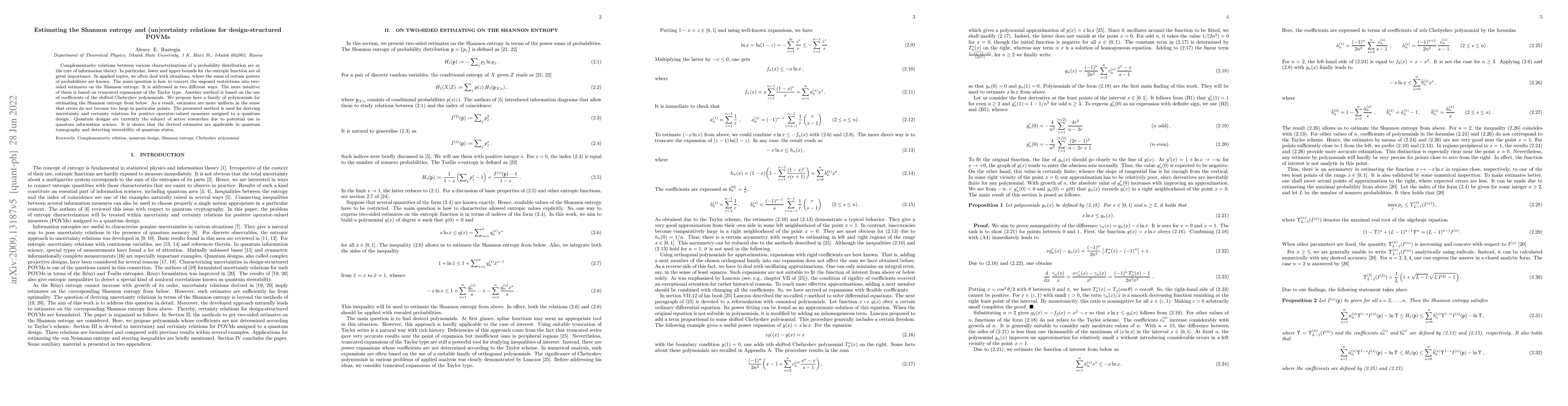 Thumbnail for Estimating the Shannon entropy and (un)certainty relations for
  design-structured POVMs