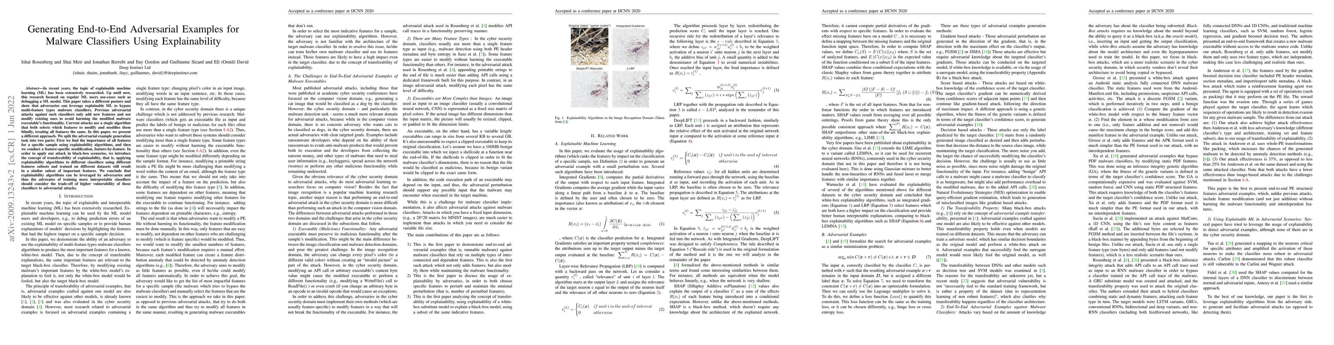 Thumbnail for Generating End-to-End Adversarial Examples for Malware Classifiers Using
  Explainability
