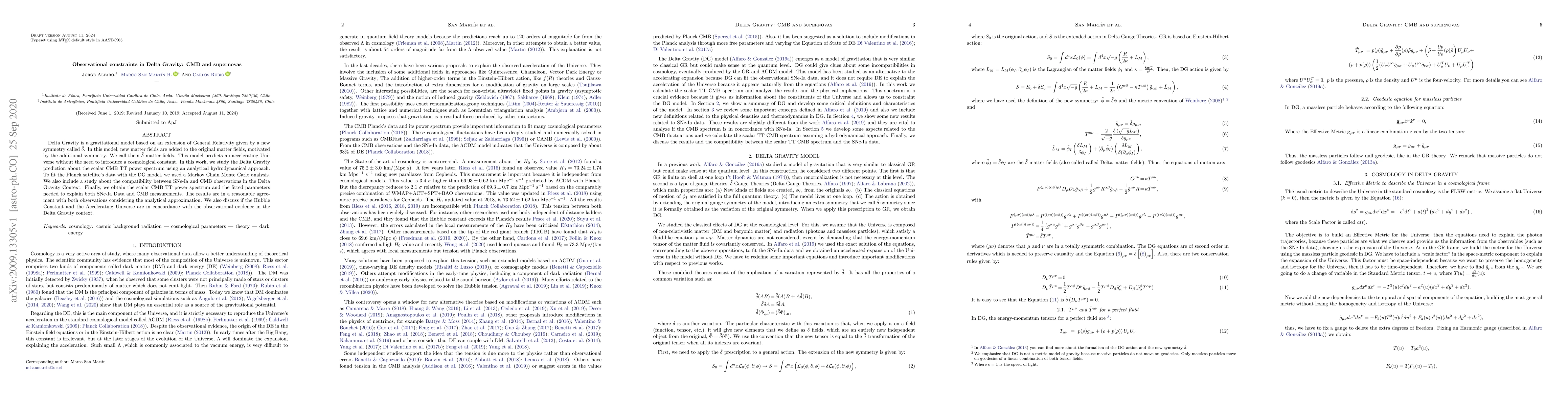 Thumbnail for Observational constraints in Delta Gravity: CMB and supernovas