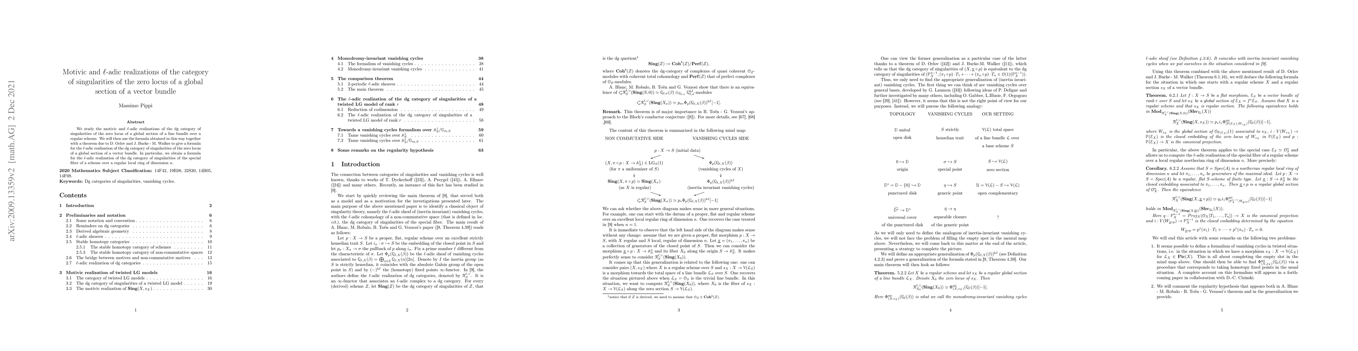 Thumbnail for Motivic and $\ell$-adic realizations of the category of singularities of
  the zero locus of a global section of a vector bundle