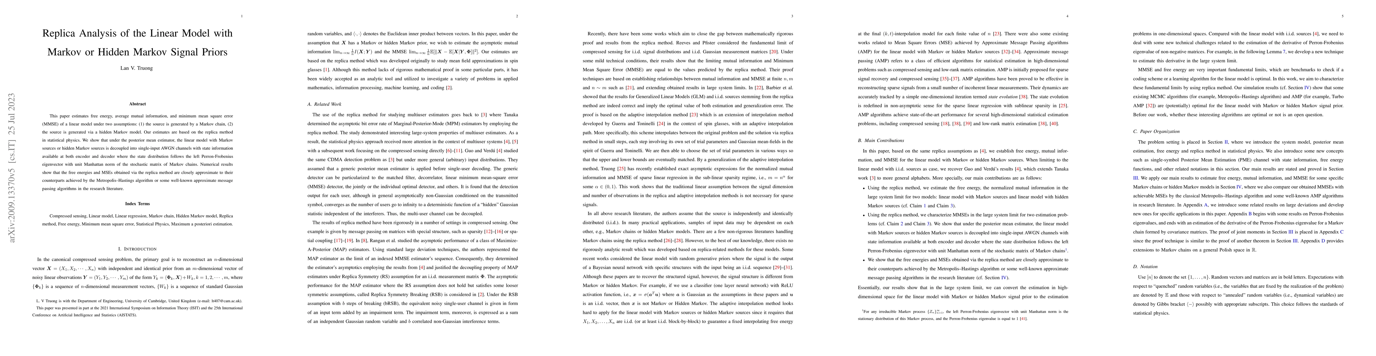 Thumbnail for Replica Analysis of the Linear Model with Markov or Hidden Markov Signal
  Priors