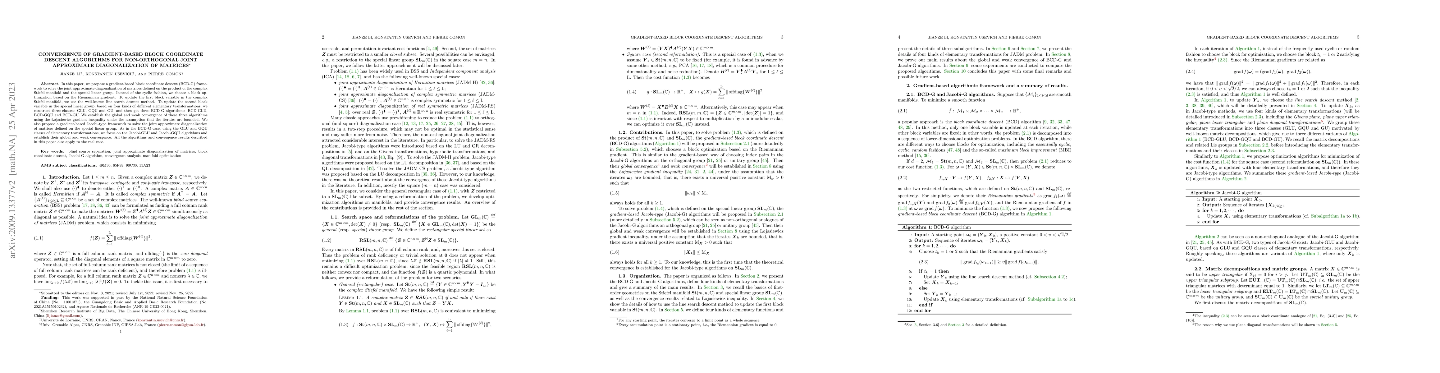 Thumbnail for Convergence of gradient-based block coordinate descent algorithms for
  non-orthogonal joint approximate diagonalization of matrices